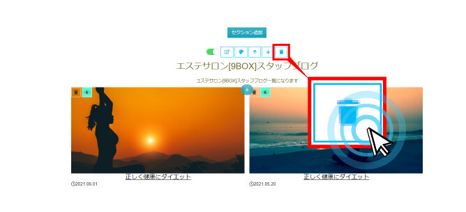削除を行うセクションのゴミ箱アイコンをクリック
